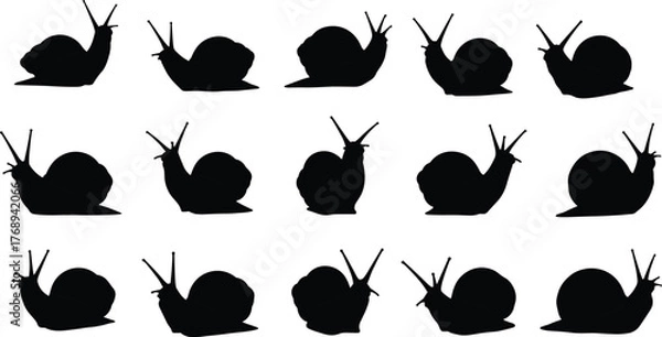 Obraz Snail silhouette collection, black snail icons, crawling snail vector, animal posture set, minimal snail shapes, cad drawing flat vector illustration