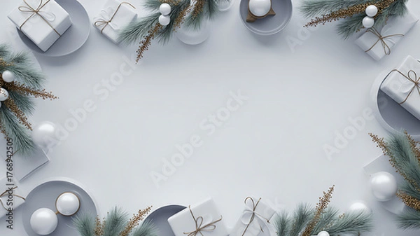 Fototapeta Minimalist Christmas arrangement with white gifts, pine branches, and ornaments forming a circular frame on a light background