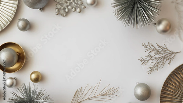 Fototapeta Flat lay composition of silver and gold holiday ornaments, pine branches, and decorative elements on a white background