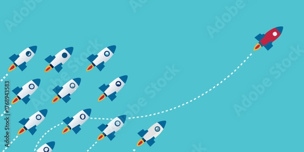 Obraz One red rocket ship leads a fleet of white rockets on a blue background representing innovation and success