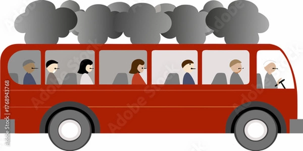 Obraz Red bus filled with diverse passengers emitting dark smoke from the roof symbolizing pollution and environmental concerns