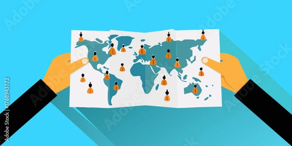 Obraz Hands holding a world map with diverse people icons spread across continents representing global network