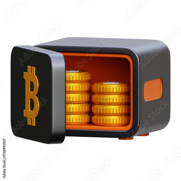 Fototapeta 3D Bitcoin Safe Storage - Digital Asset Security, Secured Cryptocurrency Vault, and Long-Term Investment Protection Icon