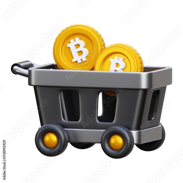 Fototapeta 3D Cryptocurrency Shopping Cart - Bitcoin Market Purchase, Digital Asset E-commerce, and Online Investment Icon