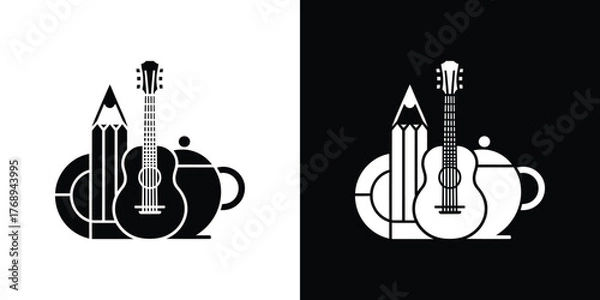 Obraz Abstract Silhouette Pencil, Acoustic Guitar, Teapot with Transparent Background