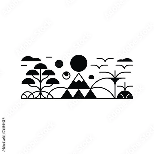 Fototapeta Black And White Landscape with Mountains, Trees, Sun, Clouds on Transparent Background