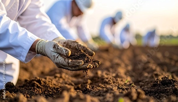 Obraz Hands of Scientists Examining Soil Texture in Outdoor Research for Environmental Conservation and Agricultural Development