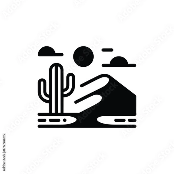 Fototapeta Desert Landscape with Cactus Silhouette, Hill, Sun, and Clouds, Transparent Icon