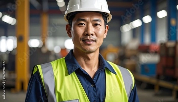 Obraz Portrait of Asian male factory worker in safety gear smiling
