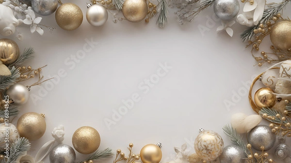 Fototapeta Festive holiday frame with gold and silver ornaments, pine branches, and decorative elements on a light background