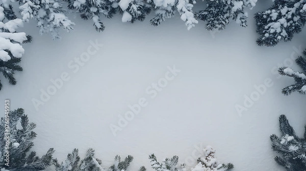 Fototapeta Snow-covered evergreen branches framing a blank snowy center