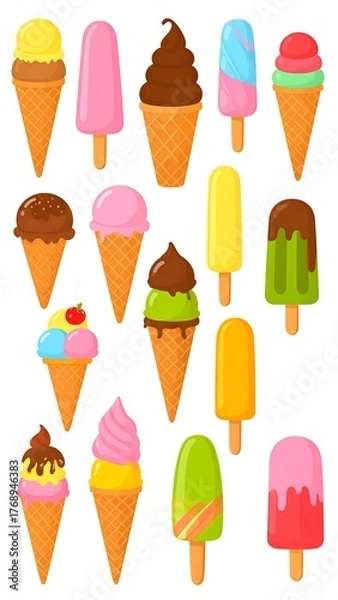 Fototapeta Assorted colorful ice cream cones and popsicles displayed