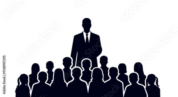 Fototapeta Visionary leader silhouetted standing tall above diverse crowd empowering teamwork success and business growth corporate concept isolated on white background