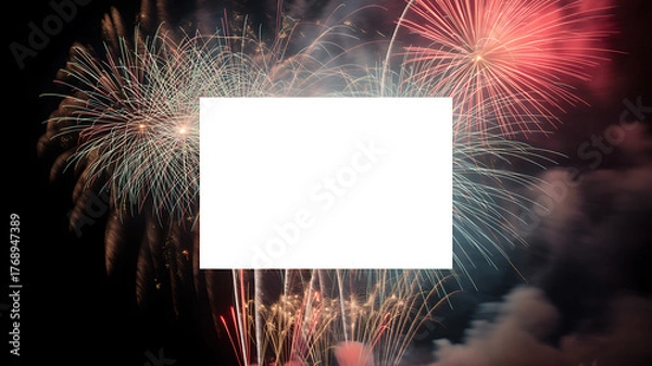 Fototapeta Fireworks display in night sky with blank white sign in foreground