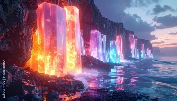 Fototapeta Vibrant Glowing Crystal Formations on a Coastal Landscape at Sunset.