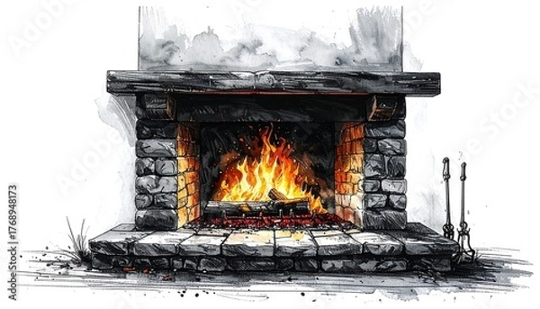 Obraz Watercolor illustration of a stone fireplace with bright flames burning