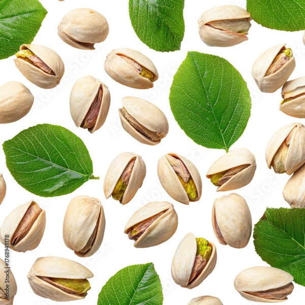 Obraz Pistachios scattered with green leaves against a dark, seamless backdrop