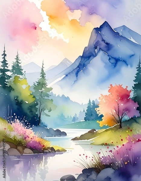 Obraz Watercolor landscape featuring mountains, river, colorful trees, and sky