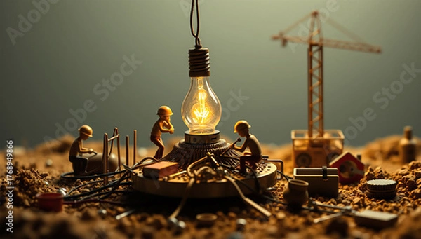 Fototapeta Miniature Engineers Building a Glowing Light Bulb – Symbol of Innovation and Creativity