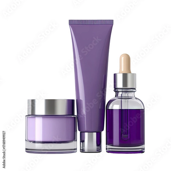 Obraz Lilac skin care set jar, tube, dropper bottle