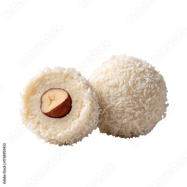 Fototapeta Coconut sweets, one half, hazelnut center, isolated