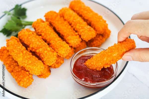Fototapeta Hand dipping a crispy, golden-orange chicken nugget stick into a red ketchup, with a blurred background of more nuggets on a white plate. Captured with natural light on a marble background.
