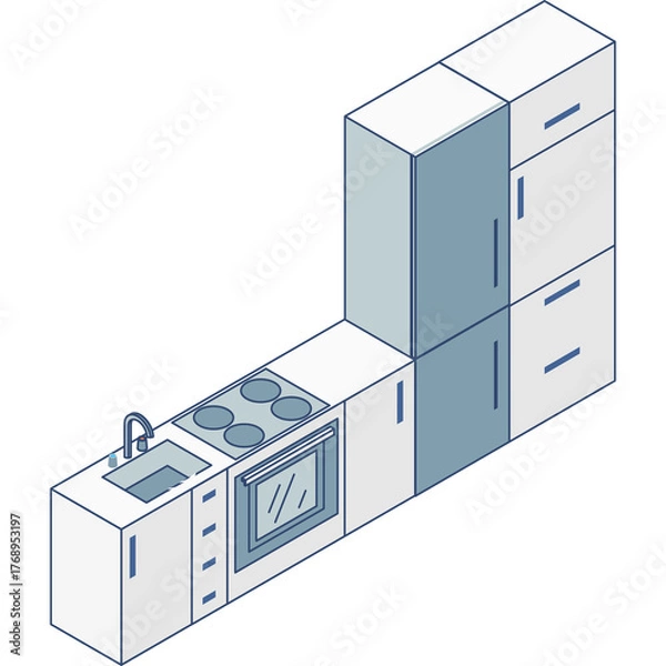 Obraz Clean Isometric Kitchenette With White Cabinets Grey Countertops And Stainless Steel Appliances Including Oven Sink And Stove Top Illuminated By Soft Natural Lighting
