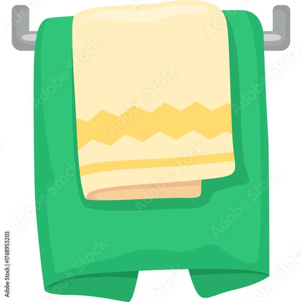 Obraz Clean Green Towel Hanging on a Silver Rack with a Cream Colored Towel Folded on Top Featuring Yellow Geometric Patterns