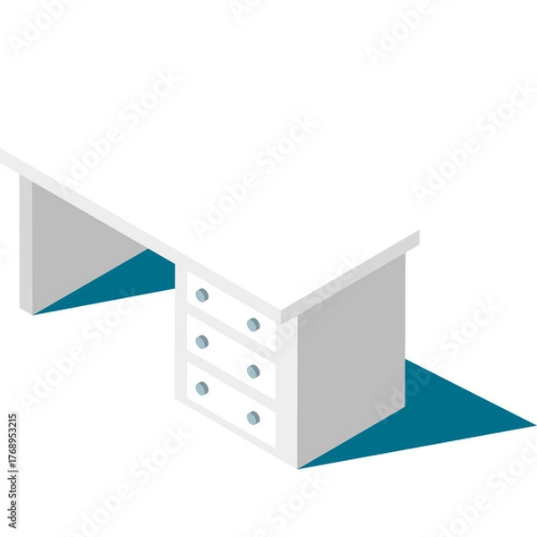 Obraz Clean White Isometric Desk with Three Drawers and Teal Shadow Isolated on Transparent Background Perfect for Office or Study Space Mockups