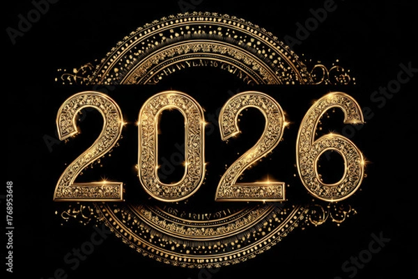 Fototapeta Celebrate arrival of 2026 with this stunning golden design featuring ornate numbers and intricate details, perfect for New Year festivities and decorations