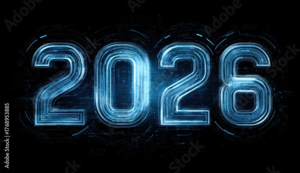 Fototapeta Futuristic design featuring year 2026 in glowing blue color against black background, conveying sense of advanced technology and innovation