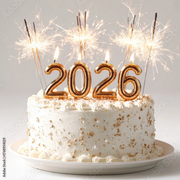 Fototapeta Stunning birthday cake adorned with sparkling candles and year 2026 on top, radiating joy and celebration. cake features creamy white frosting with golden decorations, creating festive atmosphere