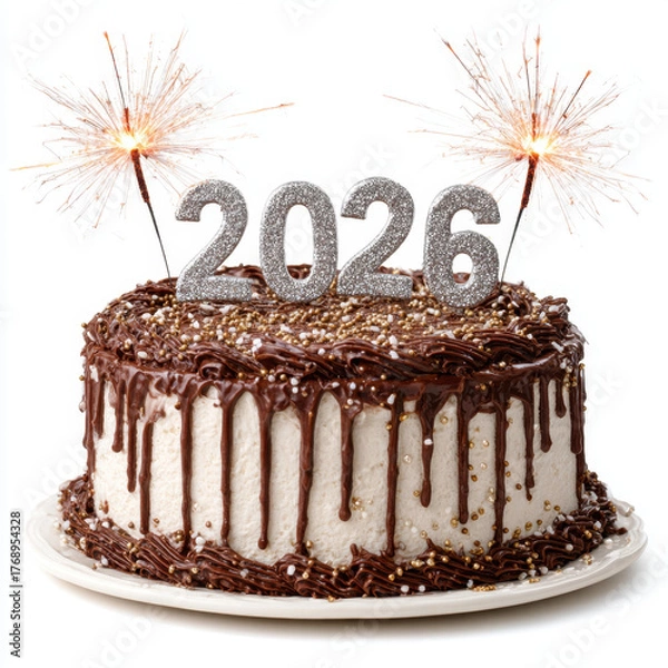 Fototapeta Beautiful birthday cake adorned with sparkling candles and year 2026, featuring rich chocolate frosting and decorative sprinkles, evokes festive celebration