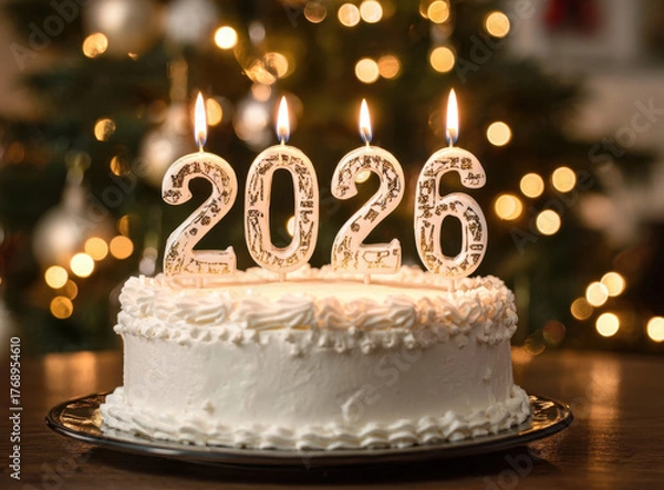 Fototapeta White birthday cake topped with decorative candles shaped like numbers 2026, surrounded by festive atmosphere with blurred lights in background, evokes joyful celebration