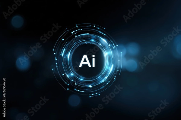 Fototapeta Abstract digital background with AI concept featuring glowing circular patterns and blue light effects, creating futuristic and technological atmosphere