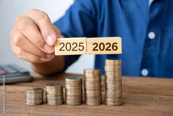 Fototapeta 2025 to 2026 Financial Growth Transition with Stacked Coins
