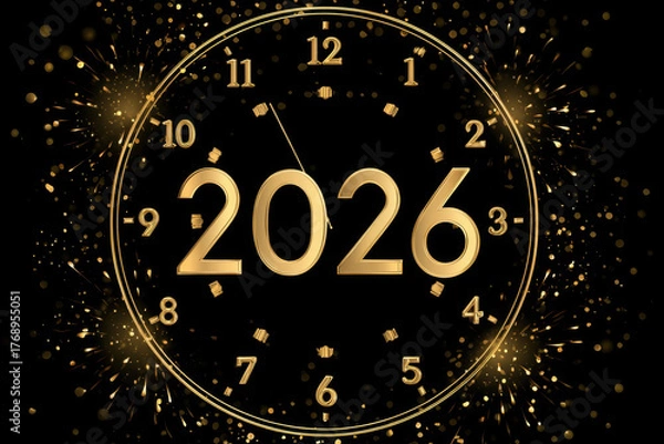 Fototapeta Happy New Year 2026 greeting card featuring golden clock with sparkling fireworks in background, symbolizing celebration and new beginnings