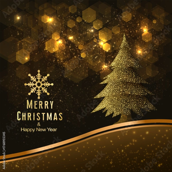 Fototapeta Merry Christmas greeting card with Christmas tree decoration and snowflakes