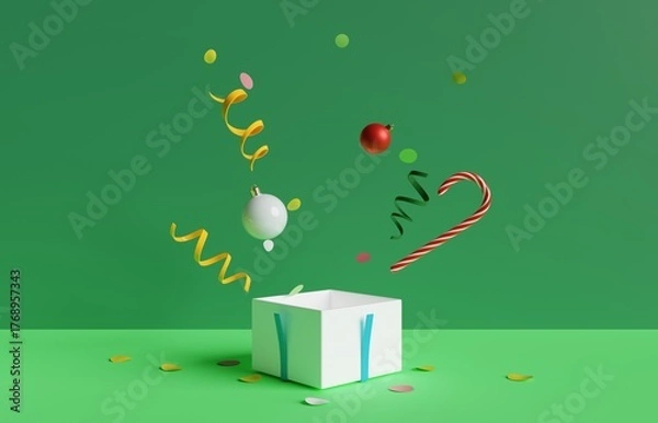 Obraz Minimalist christmas gift box exploding with christmas ornaments. 3d rendering