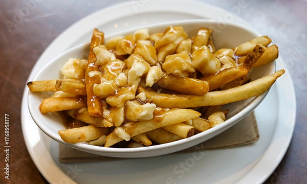 Fototapeta Classic Poutine featuring fries, cheese curds, and savory brown gravy.