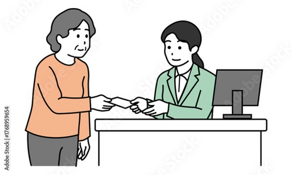Obraz 受付で診察券を渡す高齢女性と対応するスタッフのイラスト
