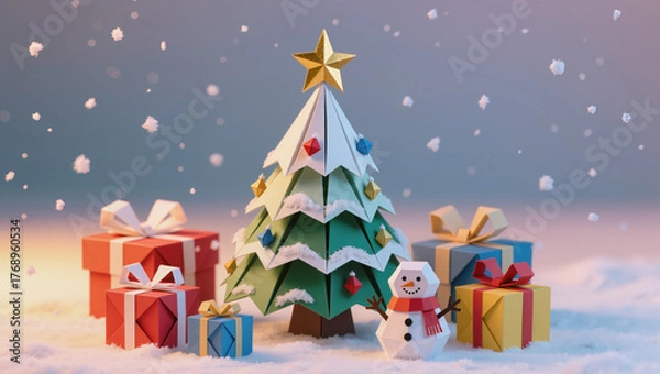 Fototapeta Joyful origami Christmas tree with snowman and gifts in falling snow. festive, magical holiday papercraft scene