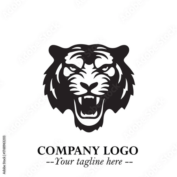 Fototapeta Powerful Head of Tiger Logo Symbol in Black on White Background with Bold Modern Minimalist Design