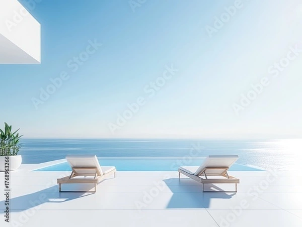 Obraz Minimalist luxury terrace with two sun loungers facing the ocean and infinity pool under bright sky, modern white architecture and serene coastal design created with AI