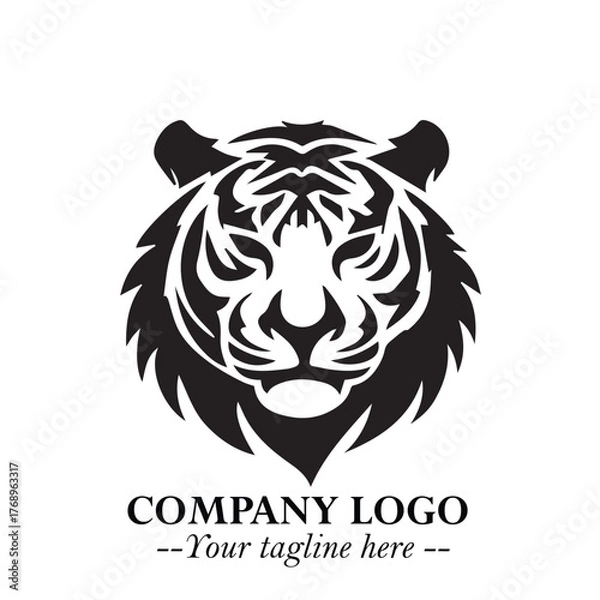 Fototapeta Powerful Head of Tiger Logo Symbol in Black on White Background with Bold Modern Minimalist Design