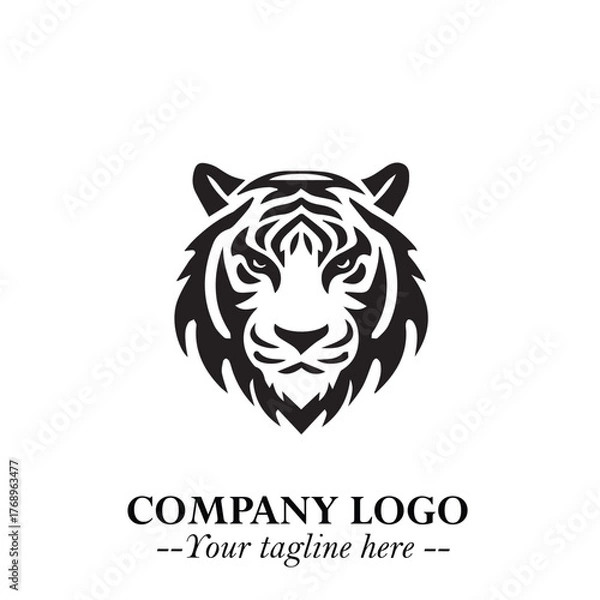 Fototapeta Powerful Head of Tiger Logo Symbol in Black on White Background with Bold Modern Minimalist Design
