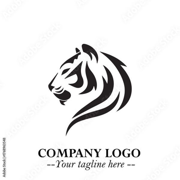 Fototapeta Powerful Head of Tiger Logo Symbol in Black on White Background with Bold Modern Minimalist Design