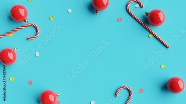 Obraz Flat lay Christmas decorations on blue background. 3d rendering 