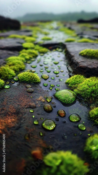 Fototapeta A moss covered stone statue glows with a gentle sheen, revealing ancient texture and quiet presence. The scene symbolizes memory, resilience, and the enduring connection between time, nature, and huma