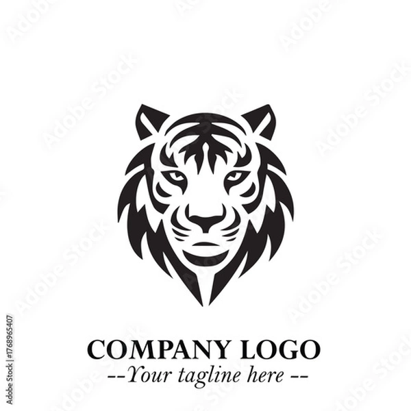 Fototapeta Powerful Head of Tiger Logo Symbol in Black on White Background with Bold Modern Minimalist Design